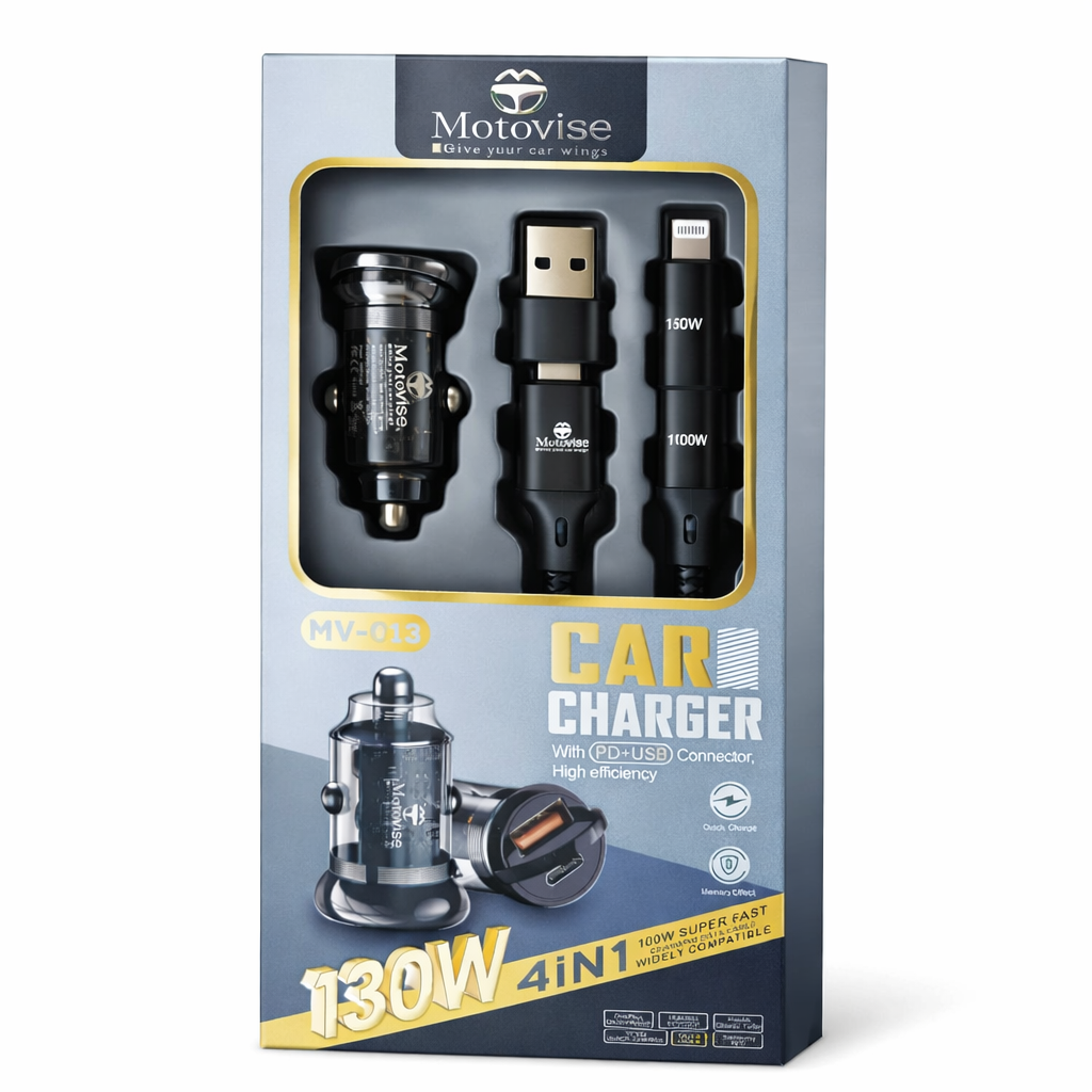 130W Super Fast Car Charger with 4-in-1 Fast Charging Cable | Multi-Device Charging