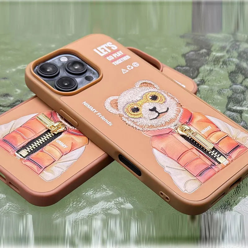 Nimmy 3D Embroidery Design Back Case Mobile Cover for Apple iphone 16, 16Pro & 16 Pro Max Soft Slim Protective Shockproof with Anti-Scratch Microfiber Lining (Pink, Gray, Black & Brown) - G