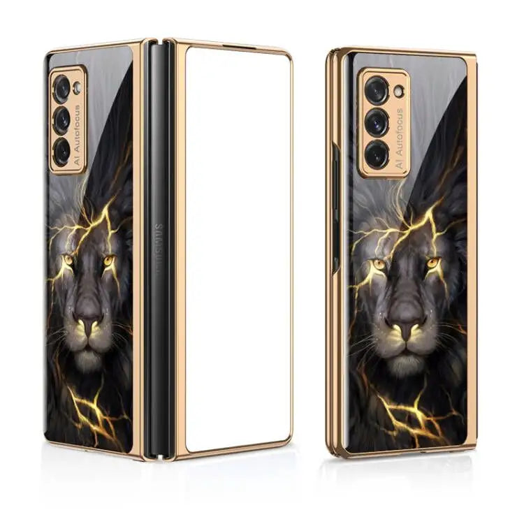 Galaxy Z Fold Series Lion Pattern with Gold touch Glass Cover Case
