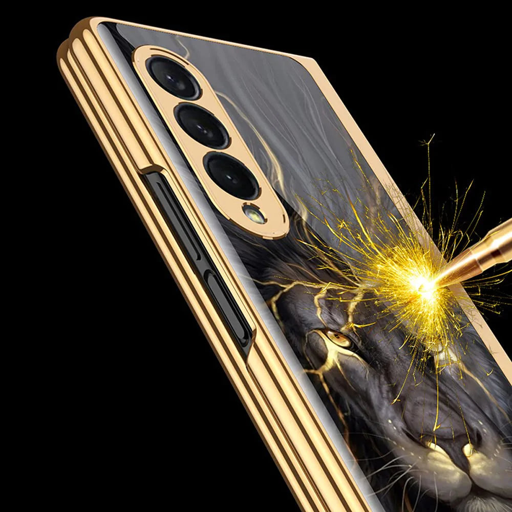 Galaxy Z Fold Series Lion Pattern with Gold touch Glass Cover Case