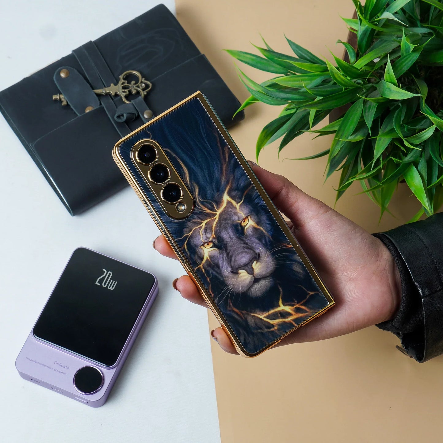 Galaxy Z Fold Series Lion Pattern with Gold touch Glass Cover Case