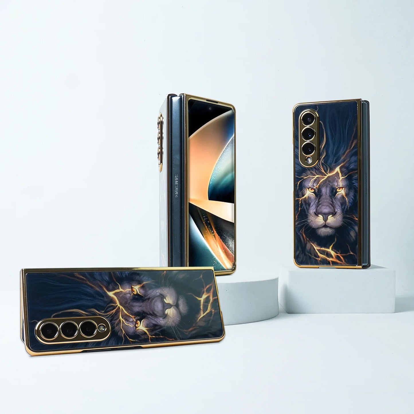 Galaxy Z Fold Series Lion Pattern with Gold touch Glass Cover Case