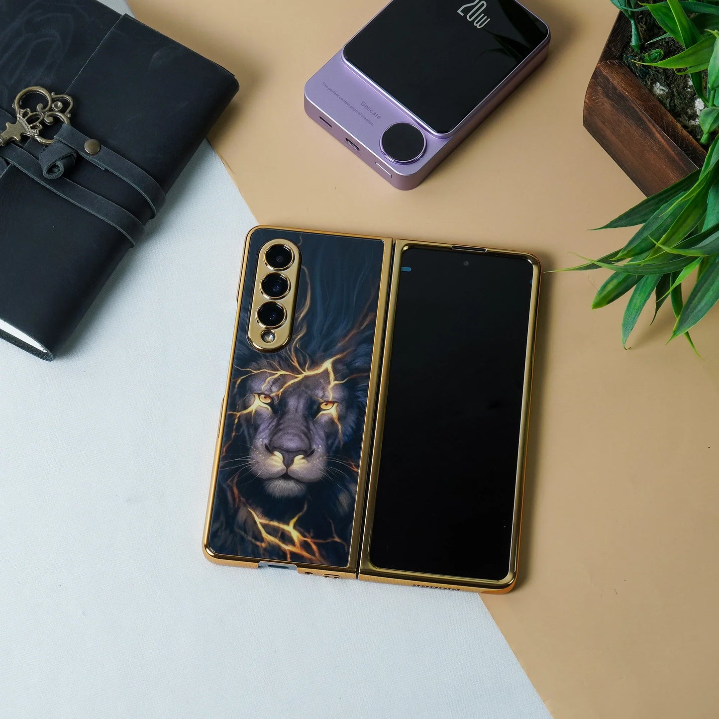 Galaxy Z Fold Series Lion Pattern with Gold touch Glass Cover Case