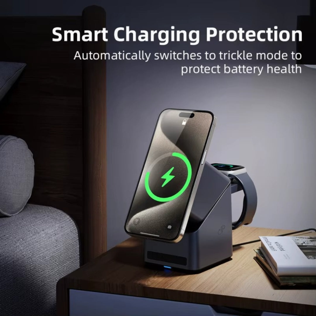 15W 3-in-1 Wireless Charging Station with Smart Rotation | Foldable Cube Phone Charger with LED Clock