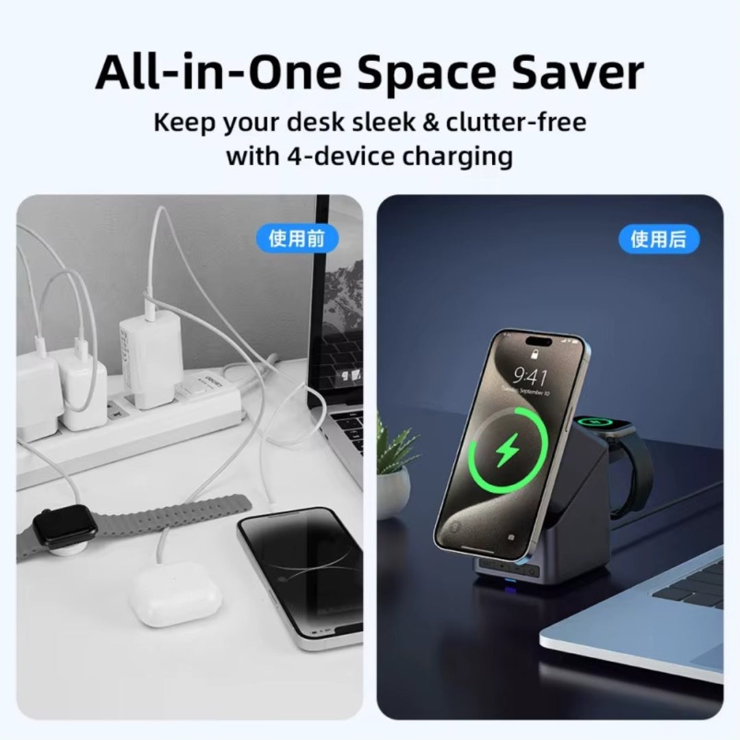 15W 3-in-1 Wireless Charging Station with Smart Rotation | Foldable Cube Phone Charger with LED Clock