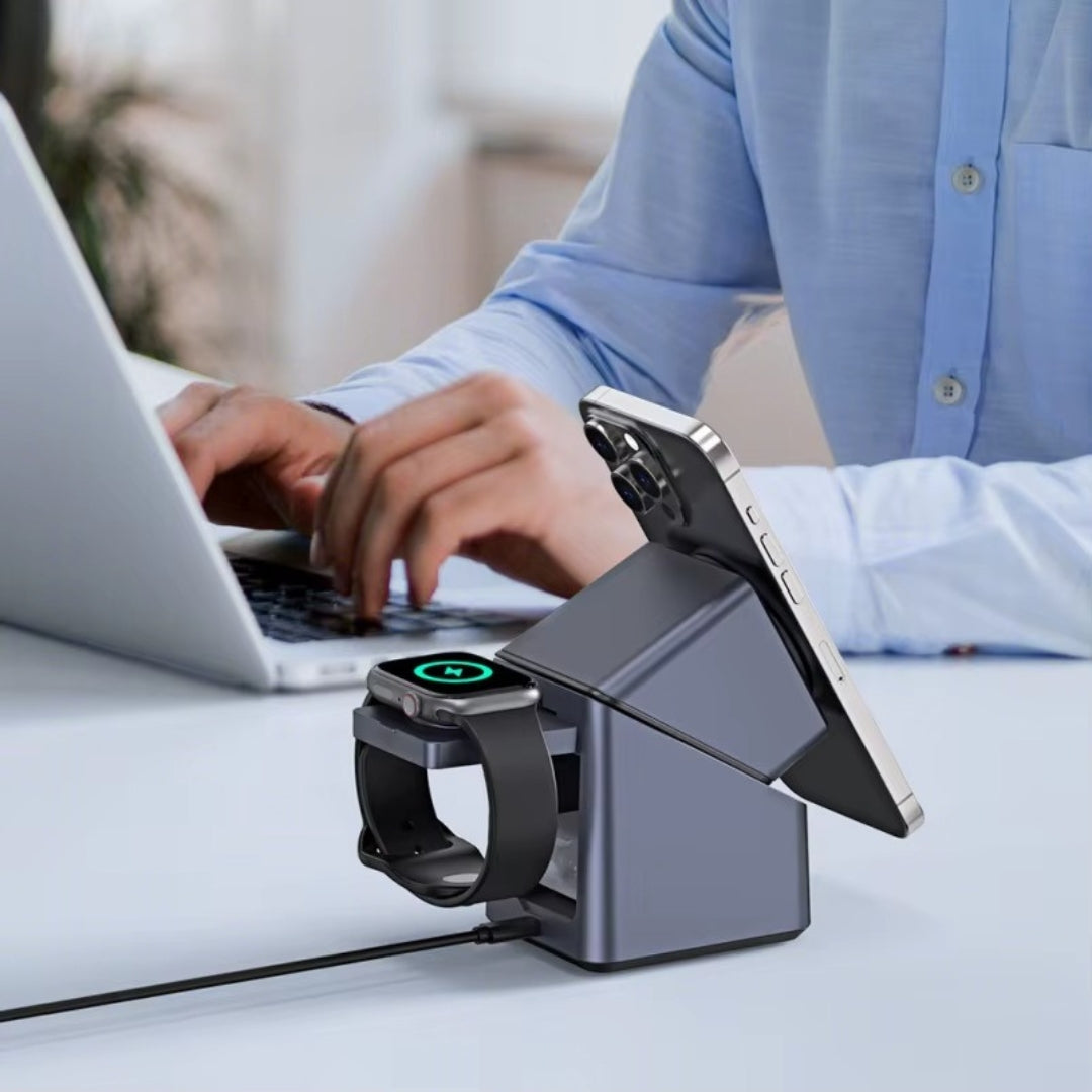 15W 3-in-1 Wireless Charging Station with Smart Rotation | Foldable Cube Phone Charger with LED Clock