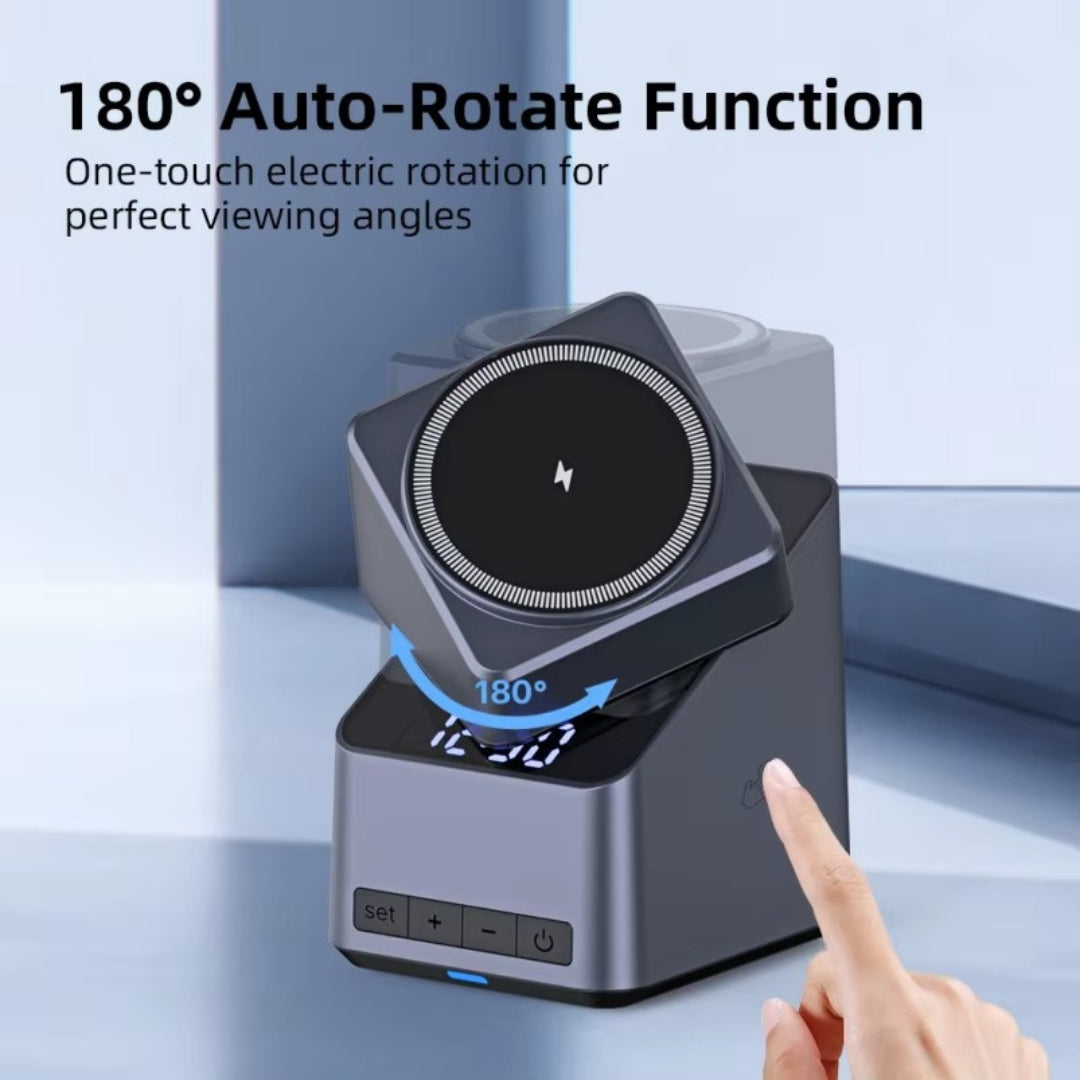 15W 3-in-1 Wireless Charging Station with Smart Rotation | Foldable Cube Phone Charger with LED Clock