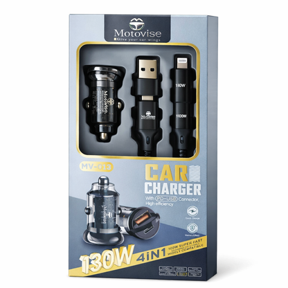 130W Super Fast Car Charger with 4-in-1 Fast Charging Cable | Multi-Device Charging