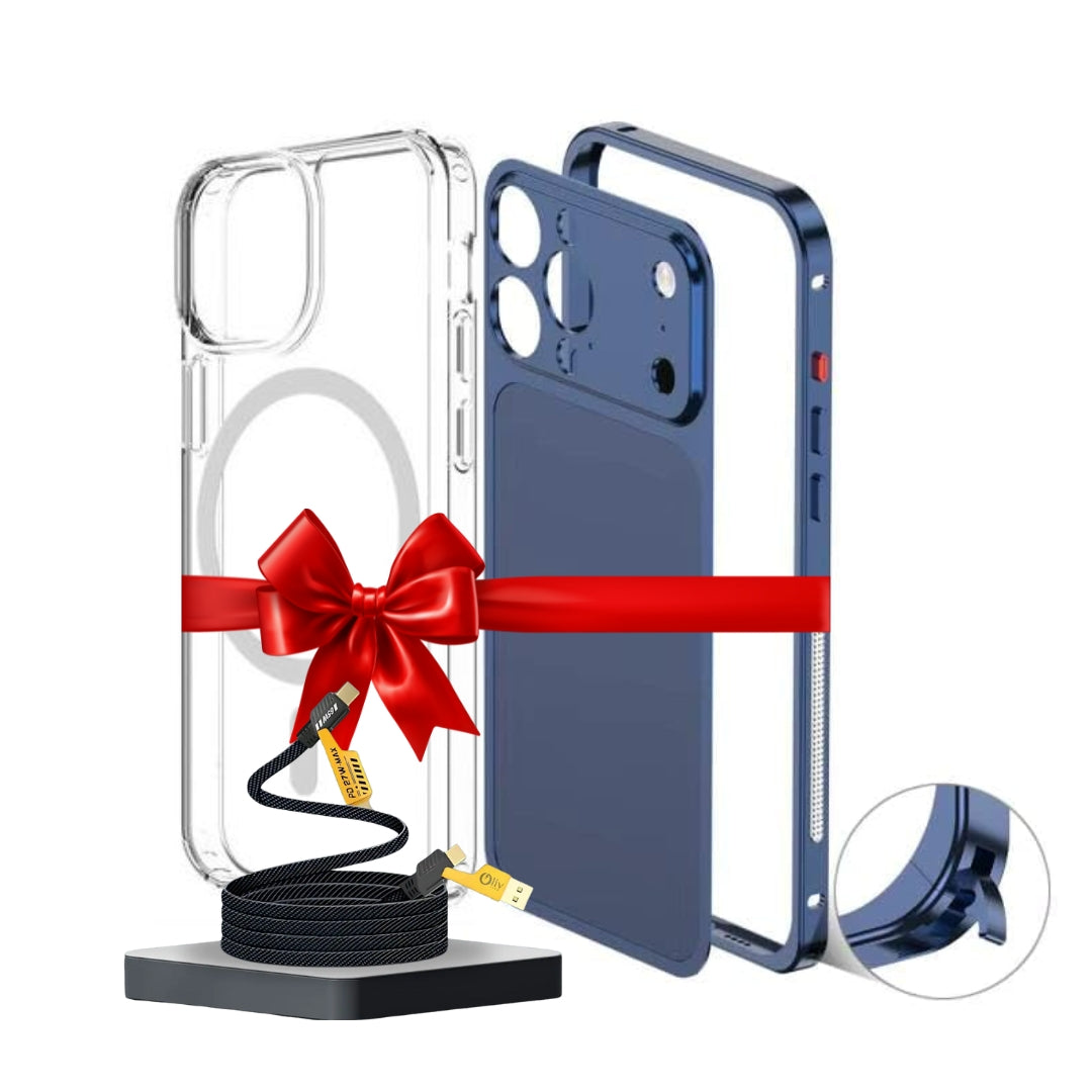 iPhone 13/14/15/16 to 17 Pro Style Converter Case with Metal Bumper Frame, Magnetic Compatible (1 Magsafe Case  + 4 in 1 USB Cable Free)