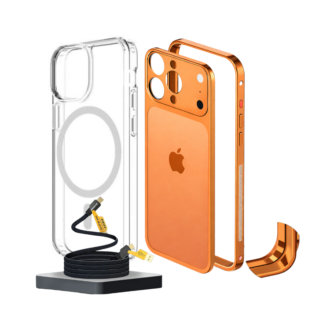 iPhone 13/14/15/16 to 17 Pro Style Converter Case with Metal Bumper Frame, Magnetic Compatible (1 Magsafe Case  + 4 in 1 USB Cable Free)