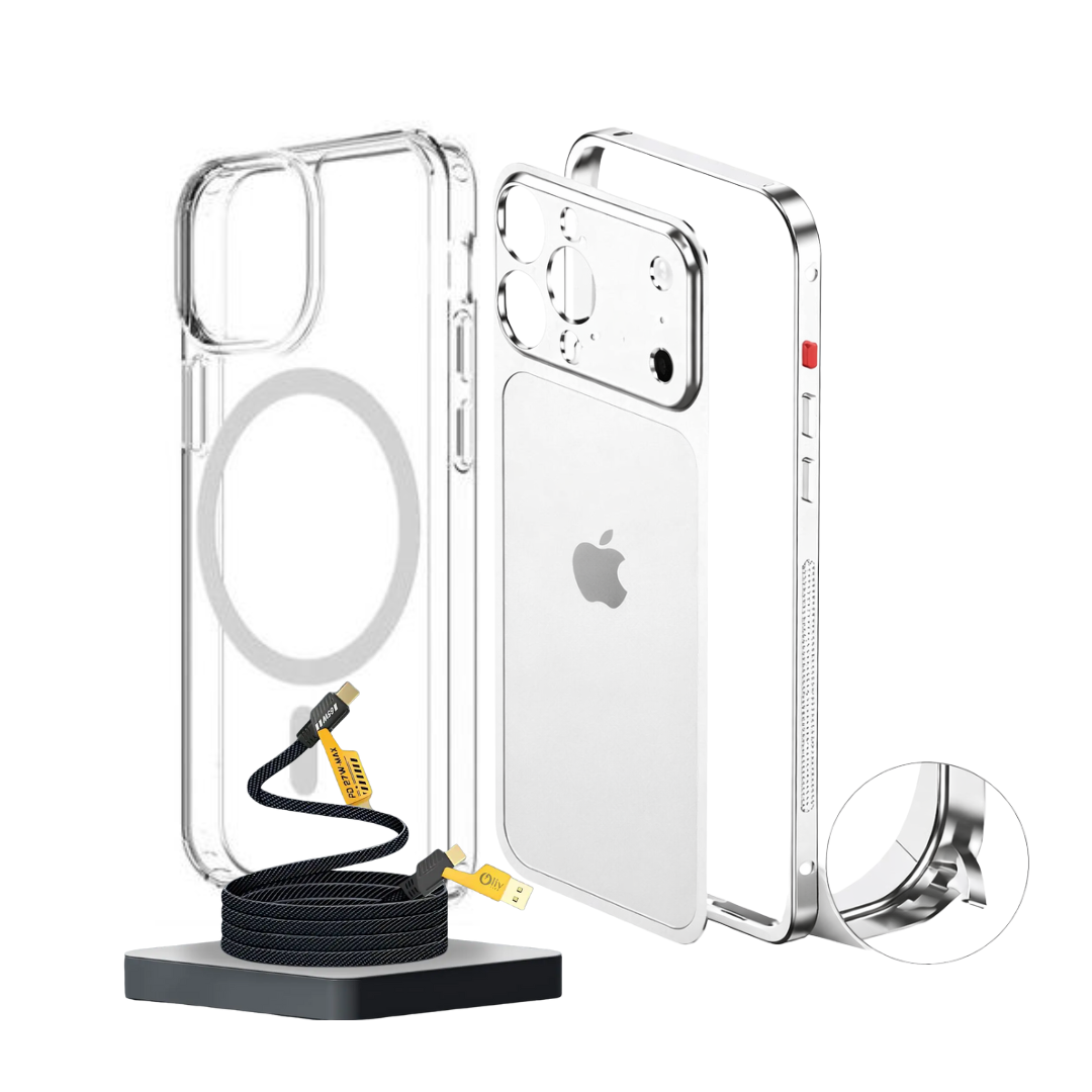 iPhone 13/14/15/16 to 17 Pro Style Converter Case with Metal Bumper Frame, Magnetic Compatible (1 Magsafe Case  + 4 in 1 USB Cable Free)
