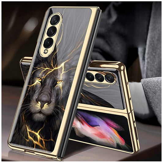 Galaxy Z Fold Series Lion Pattern with Gold touch Glass Cover Case